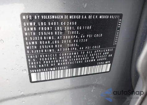 2021 Volkswagen Tiguan 2.0T Sel Premium R-Line из США, поврежденный, VIN 3VV4B7AX1MM129563